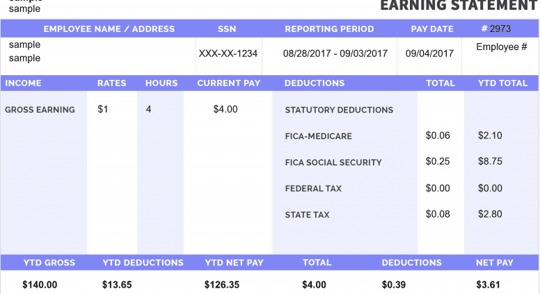 a purple sample of a free online paystub